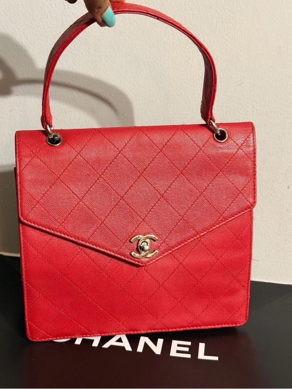 CHANEL Red Quilted Top Handle Satchel with Gold CC Lock